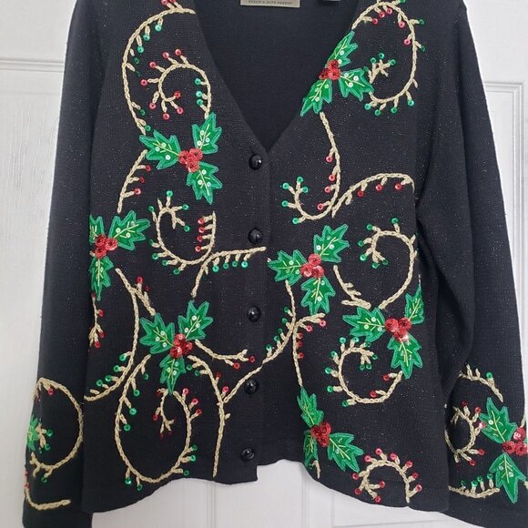 Design Options Holly Berry Cardigan Beaded Sequin Holiday Sweater Womens Sz XL - Picture 2 of 12